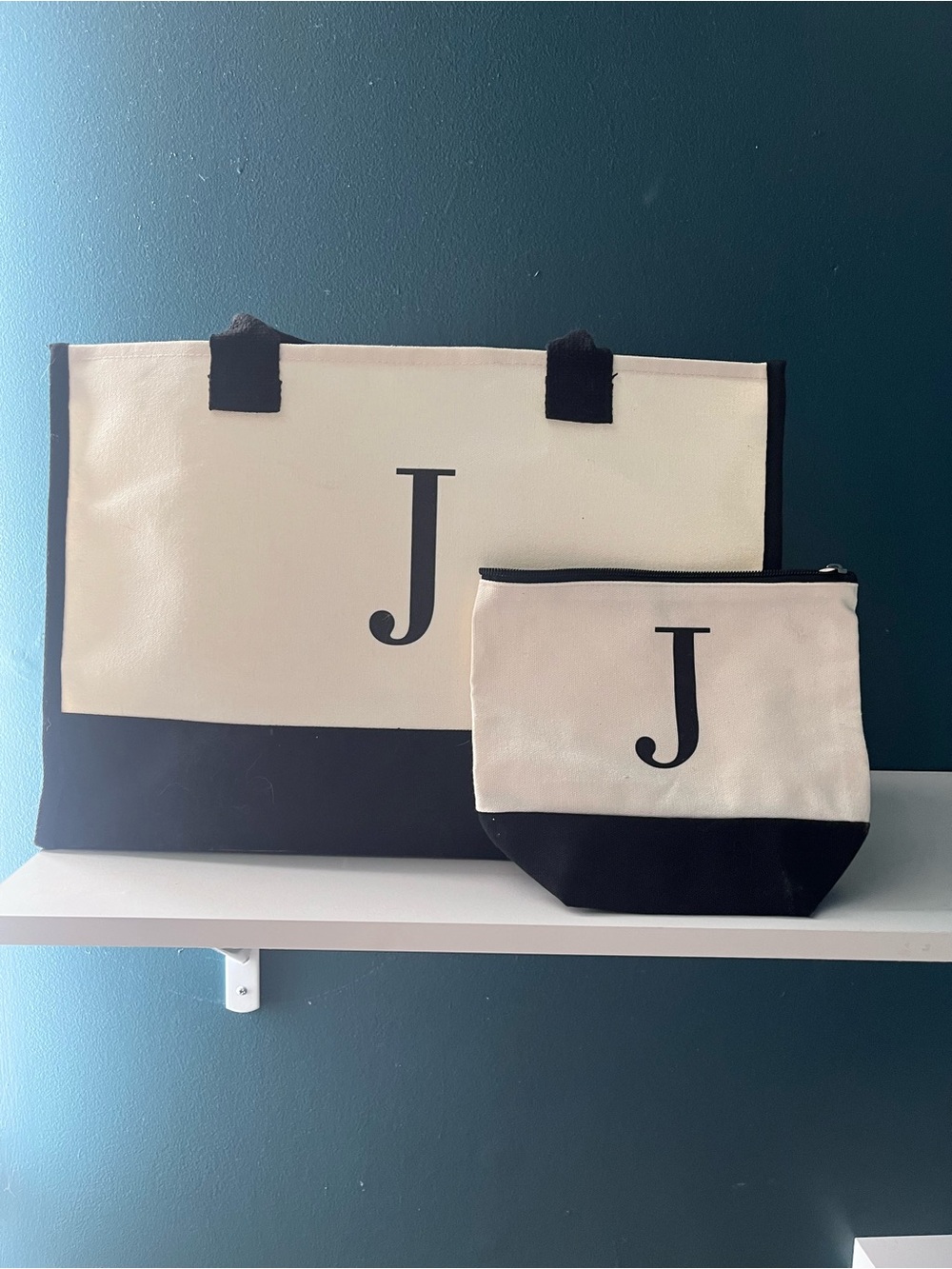 Canvas Two-Tone Initial Tote and Pouch Set in Cream & Black